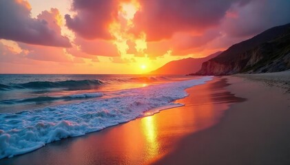 Lonely, deserted beach at sunset Waves crash on shore , sky, waves