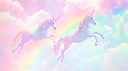 Fototapeta premium Pastel unicorn pair soaring through a rainbow sky.