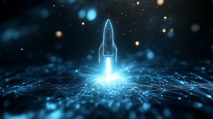 Futuristic rocket launch with a glowing network background illustration