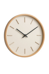 Minimalist round wall clock with light beige face, black hands, and light wood frame on transparent background