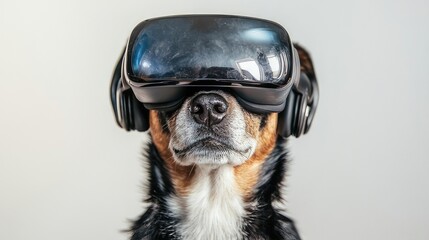 Virtual Reality Pup: A curious canine sports a VR headset, seamlessly merging the playful spirit of a dog with the immersive realm of virtual reality, exploring technology.