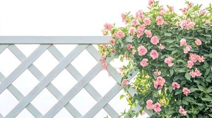 Delicate pink roses climbing a white lattice fence.