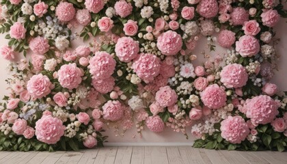 Vintage pink rose, daisy, hydrangea floral wall  Elegant romantic backdrop ,  summer,  lovely,  elegant style