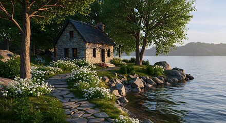 Obraz premium Scenic Seaside Cottage Surrounded by Flowers with a Path Leading to the Lake