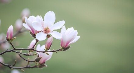 Obraz premium Close-Up of Magnolia Flowers in Full Bloom with Pink Tips Against a Soft Green Background