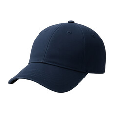 Navy blue baseball cap with structured crown and curved brim isolated on transparent background