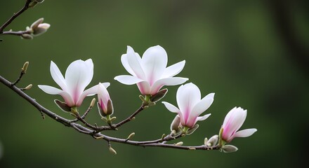 Fototapeta premium Close-Up of Magnificent Magnolia Flowers in Full Bloom Against a Green Background