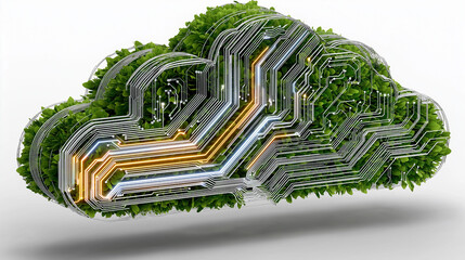 Cloud Technology: A visionary fusion of nature and technology, a cloud is elegantly crafted from vibrant leaves and sleek circuit board elements, presenting a novel concept of sustainable innovation.