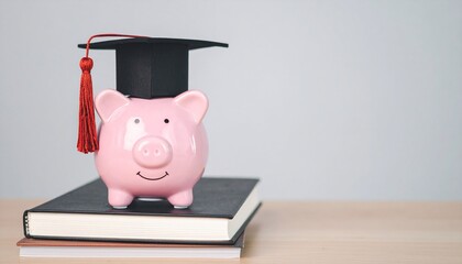A pink piggy bank wearing a graduation cap sits atop stacked books, symbolizing education savings and financial planning for students.