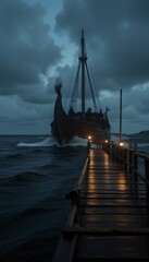 Dramatic Viking ship approaches a weathered pier under stormy skies.
