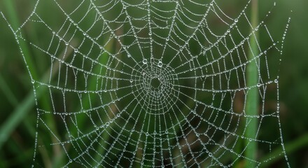 Obraz premium Spiderweb covered in dew representing nature's intricacy and morning freshness, with detailed webbing