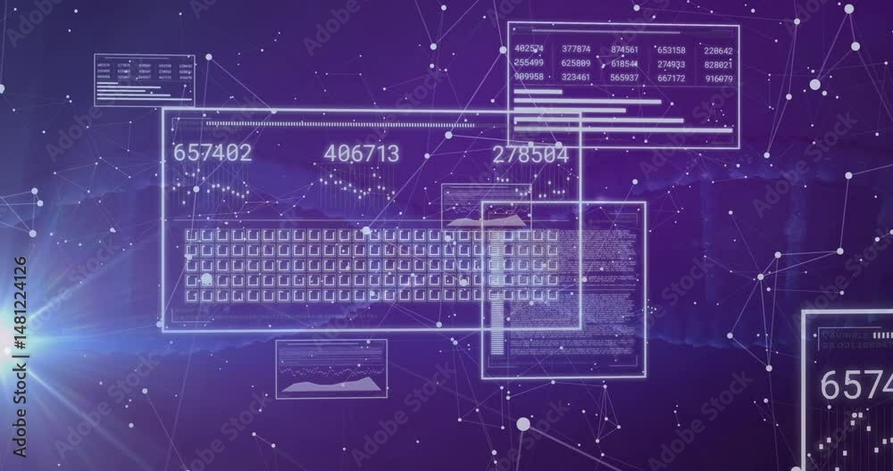 Poster futuristic digital ui displaying clear panels showing line and bar charts, data and network nodes