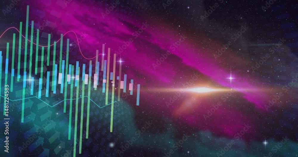Poster 3d data visualization animating in nebula scene, showing translucent bars and curved line graphs