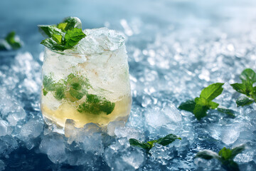 Frozen cocktail served in transparent glass surrounded by fresh mint leaves and scattered ice cubes refreshing summer drink