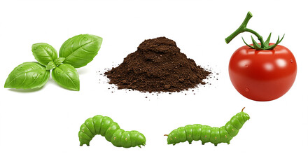 Green tomato hornworms, soil, basil leaves and ripe tomato isolated on white background