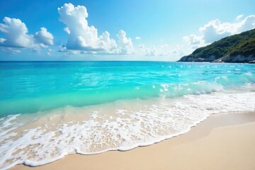 Fototapeta premium Serene summer seascape Azure water, sunny sky, gentle waves lapping the shore Perfect for travel, vacation, and summer themes , bright, calm