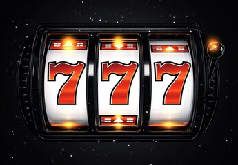 Close-up of a slot machine showing three red sevens in a row against a dark background, symbolizing a winning jackpot with glowing highlights