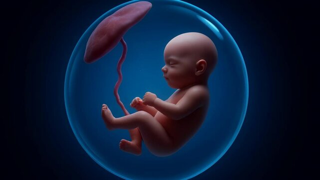 Human Fetus Floating in Amniotic Sac with Umbilical Cord in Dark Blue Background