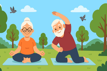 elderly couple doing yoga in a scenic park. The woman is sitting in lotus pose while the man stretches 