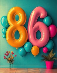Colorful large birthday balloons shaped as number eighty six with teal, orange, and pink balloons on teal wall background, decorated with flowers and potted plant