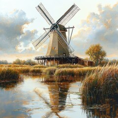 Fototapeta premium Traditional windmill standing in a serene rural landscape with tall grass and a reflective calm water body under a partly cloudy sky