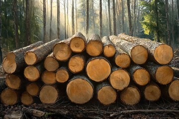 Stack of freshly cut tree logs arranged in a forest with tall trees and sunlight filtering through