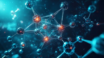Quantum computing meets biotechnology, polygonal molecules and atoms forming a luminous cybernetic network, scientific digital art in modern digital art style