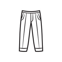 Black outline drawing displays classic trousers with pockets and belt loops on transparent background