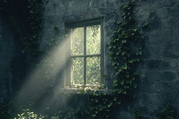 Sunlight streaming through a weathered window framed by creeping ivy on an old textured wall, creating a serene and mystical atmosphere