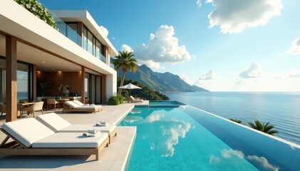 Fototapeta premium Sun-drenched, opulent villa with infinity pool overlooking ocean Exquisite design, luxury lifestyle , grand, Mediterranean