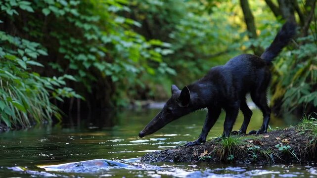 Maned wolf drinking water in a creek