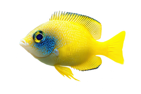 A bright yellow fish with blue markings swimming in dark water in a studio setting alone and isolated