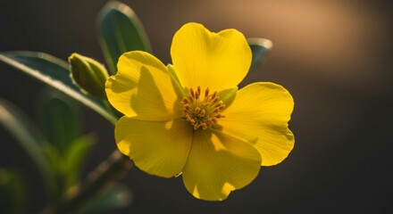 Aromatic yellow buttercup flower in early bloom, softly illuminated garden