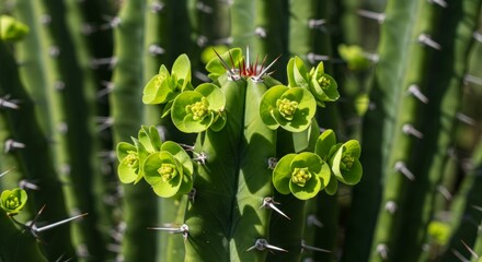 Blooming cactus: Close-up showcasing vibrant green flowers and sharp thorns