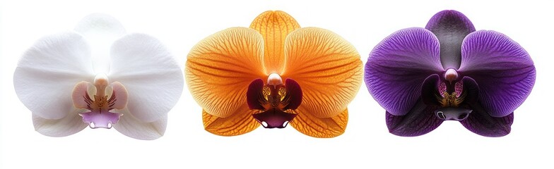 Three vibrant orchid flowers in white, orange, and purple colors shown in a row with detailed petals against a white background