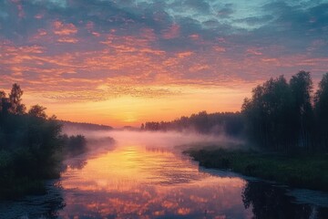 Obraz premium Serene river at sunrise with mist rising above the water and vibrant colors reflecting on the calm surface surrounded by dense forest under a cloudy sky