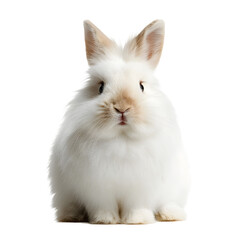 Obraz premium Cute white fluffy bunny portrait looking forward against black backdrop, studio shot, soft lighting, detail.