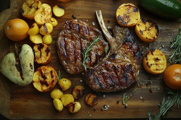 Top view of a wooden table with delicious grilled meat, vegetables, and fresh fruits on it, leaving space for text. The camera temperature is set to 50 degrees Celsius for each photo