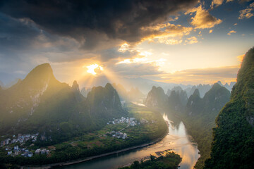 Sunrise Landscape of Guilin , Li River and Karst mountains called Xianggong, Guangxi Province, China