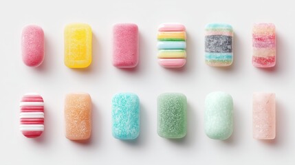 A colorful assortment of various candies arranged in two rows. The candies come in different shapes and colors, including pink, yellow, green, and blue, with some having stripes and patterns.