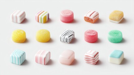 Obraz premium A colorful assortment of various candies arranged in a grid. The candies feature different shapes, textures, and vibrant colors, including stripes and sparkles, appealing to the eye.