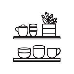 Fototapeta premium Black outline drawing shows shelves with kitchenware and a plant as a transparent background