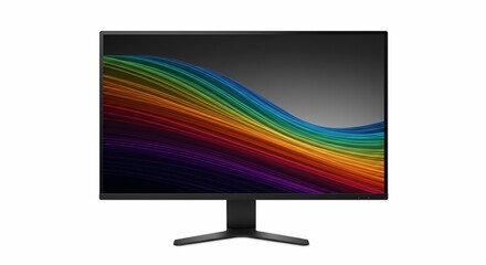 Black computer monitor display screen with colorful rainbow wave design for desktop workstation setup