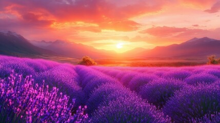 Vibrant purple lavender field under a fiery orange sunset with distant mountains and a dramatic sky full of glowing clouds