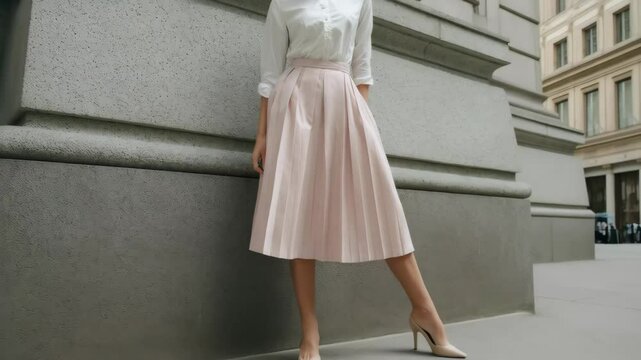 Close-up of a woman wearing a white collared shirt and light pink pleated midi skirt posing against a gray textured wall in neutral tones.