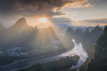 Guilin Xingping Xianggong Mountain Sunrise, China