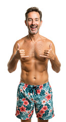 Fototapeta premium Happy middle-aged shirtless Caucasian man in floral swim trunks making shaka gesture with both hands, smiling enthusiastically at camera on a plain transparent background, exuding summer vibes.