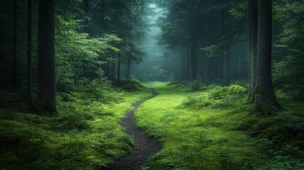 Fototapeta premium Misty forest path winding through lush green foliage