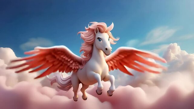 Cute Cartoon Pegasus Horse Flying through the Clouds
