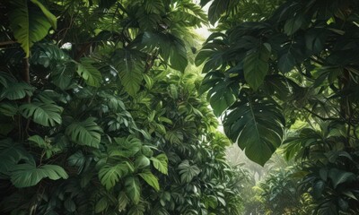 Intricate network of large tropical leaves, creating a dense canopy ,  botanical,  exotic,  rainforest